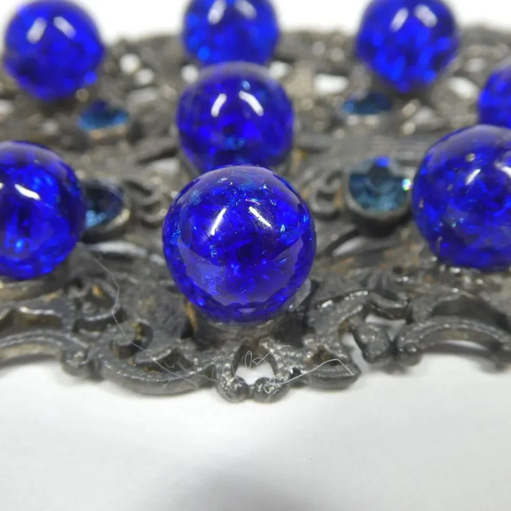 Silver Filigree Blue Rhinestone & Glass Crystal Brooch Antique Pin Czech?